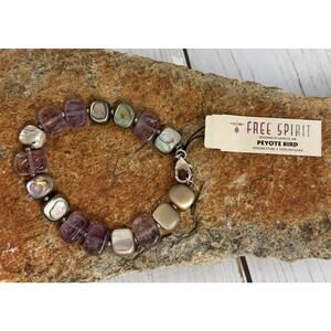Peyote Bird Sterling Amethyst‎ Abalone Beaded Bracelet J142